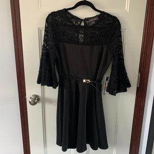 NWT Luxology Black Mini Dress with Lace and Bell Sleeves